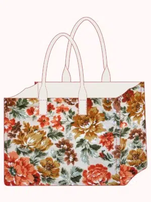 Kit complet cabas Lotti tissu vintage fleurs rouge/jaune/marron