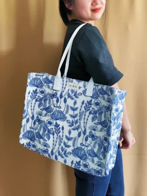 Kit complet cabas Lotti tissu brodé oiseaux bleu