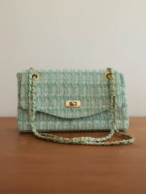 Kit complet sac Edgar tweed vert pastel lurex doré